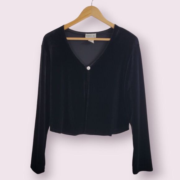 Vintage ROBBIE BEE Velvet One Button Cardigan Sz L Long Sleeve Cropped Velour - Picture 2 of 10